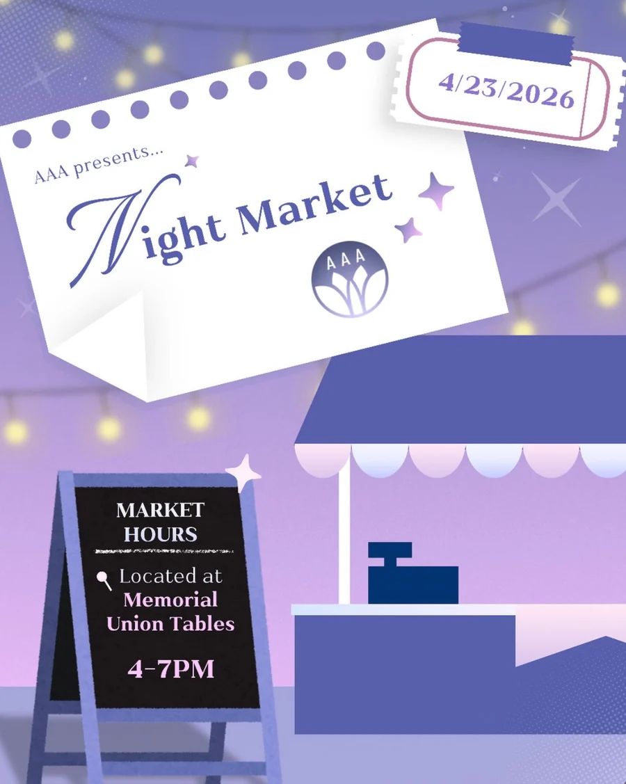 AAA Night Market event graphic in lavender: a ticket-style title card, string lights, a market stall and a sign reading Market Hours 4-7PM at Memorial Union Tables