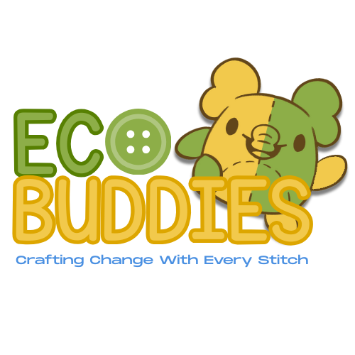 Eco Buddies logo: green and yellow lettering with a button and a patchwork elephant mascot, tagline Crafting Change With Every Stitch