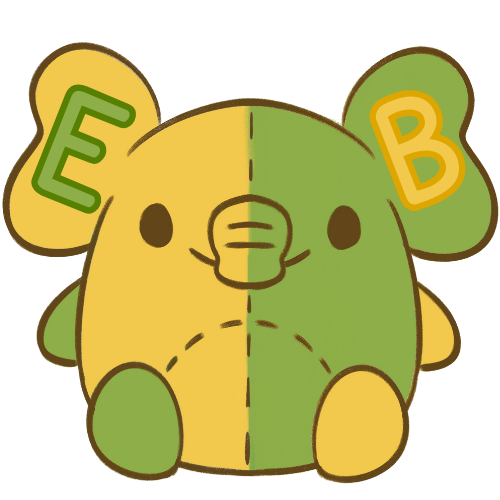 Eco Buddies mascot: a stitched half yellow, half green elephant plush with E and B on its ears
