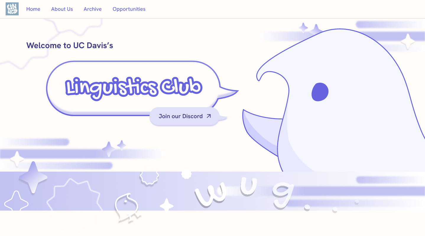 Linguistics Club website home page with a lavender bird mascot and a Join our Discord button