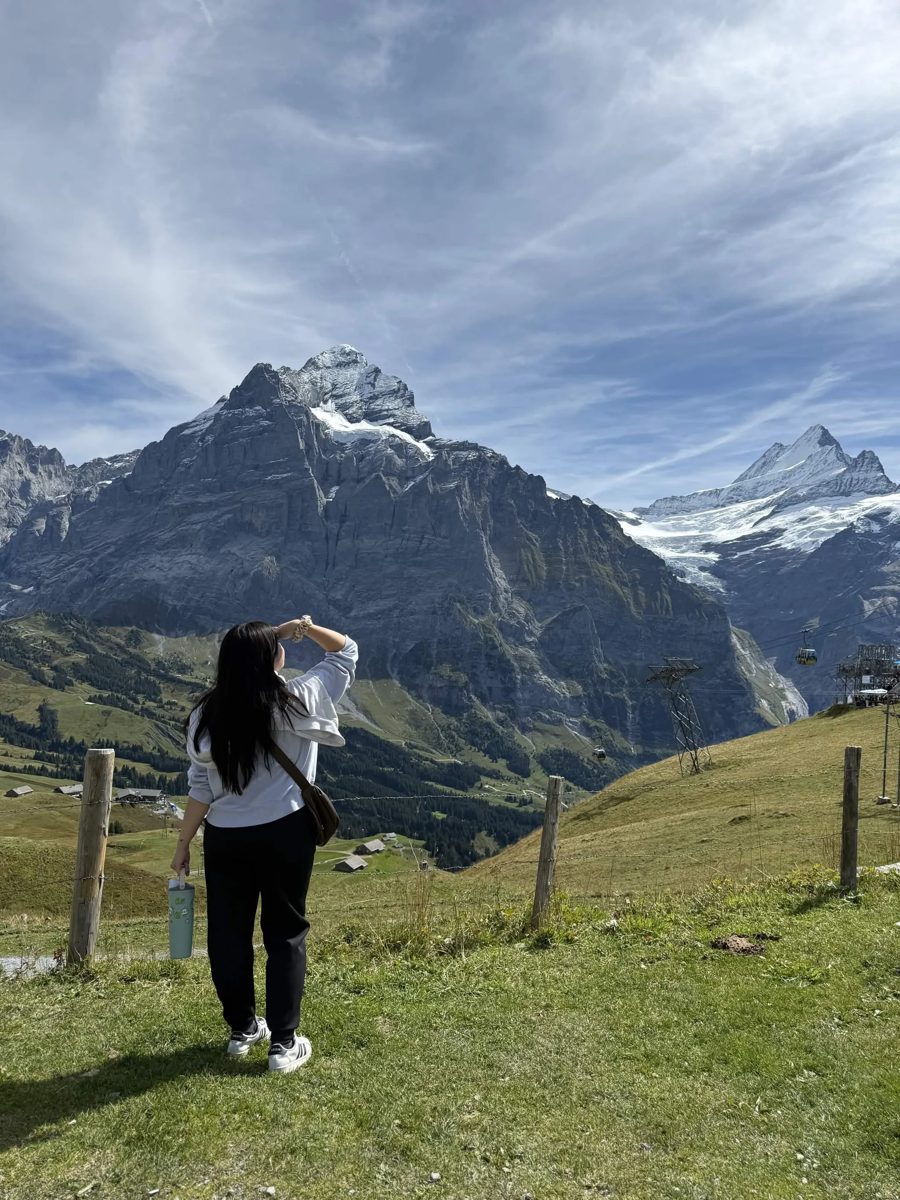 Lyanna looking out at snowy Swiss Alps peaks from a grassy hillside