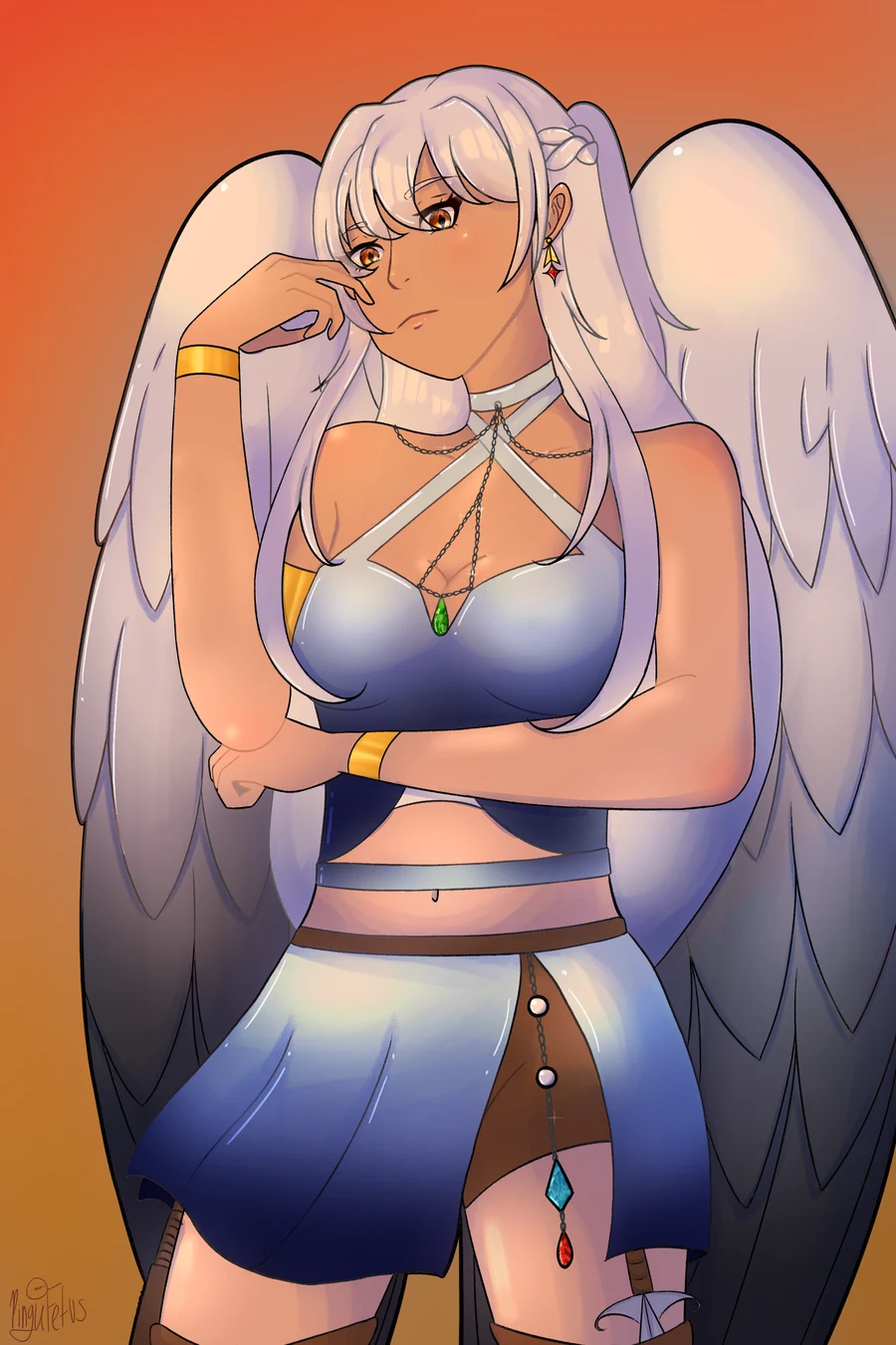 Lyanna's digital illustration of an original character: a winged girl with long white hair and a blue outfit against an orange sunset