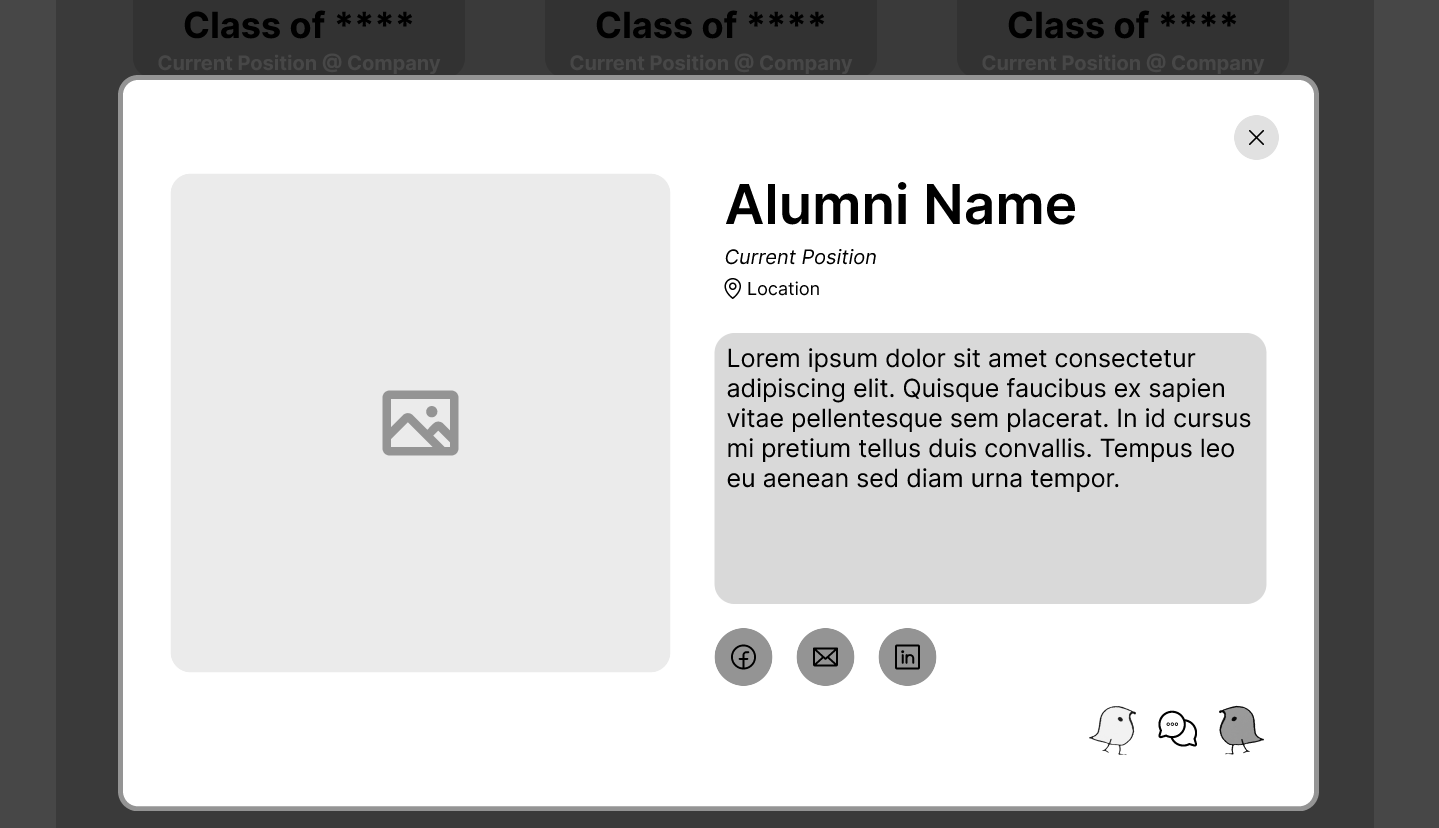 Mid-fidelity wireframe of an alumni profile modal