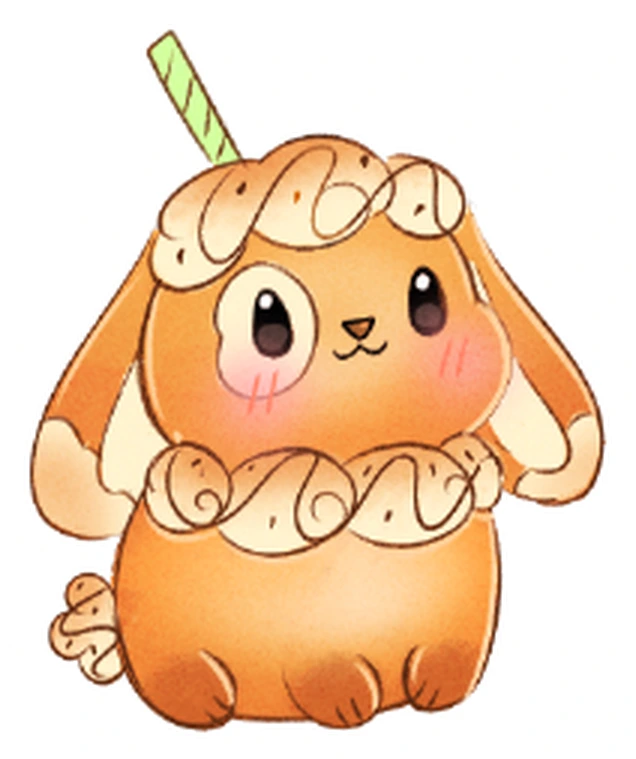 Mocha bunny mascot illustration: a floppy-eared caramel bunny topped with whipped cream and a green straw