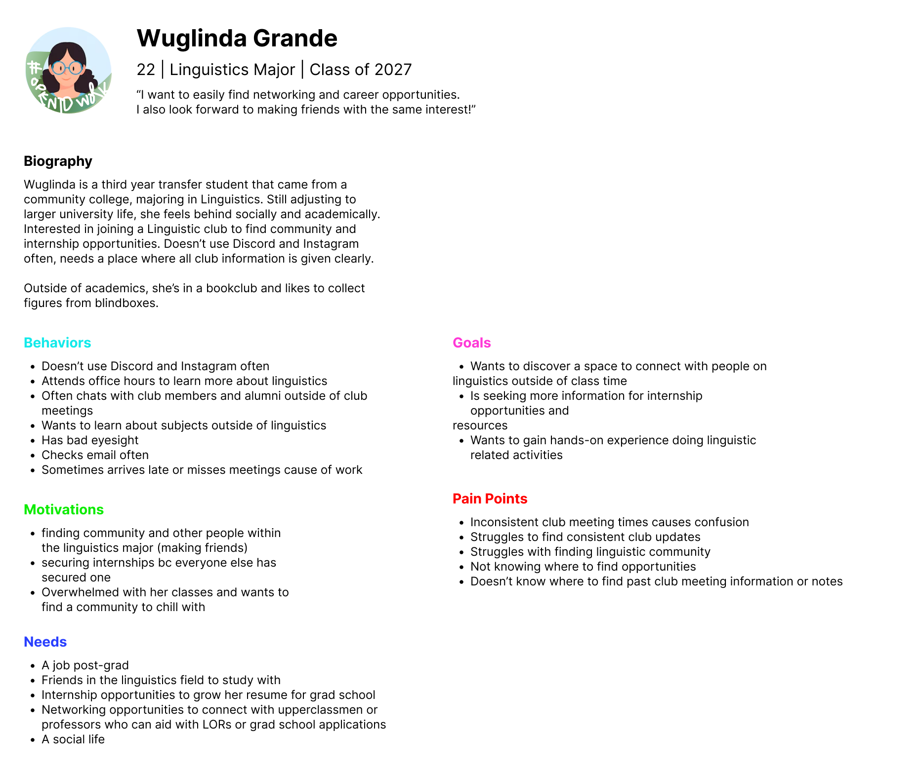 Persona of Wuglinda Grande, a 22-year-old linguistics major, with her bio, behaviors, goals, motivations, pain points and needs
