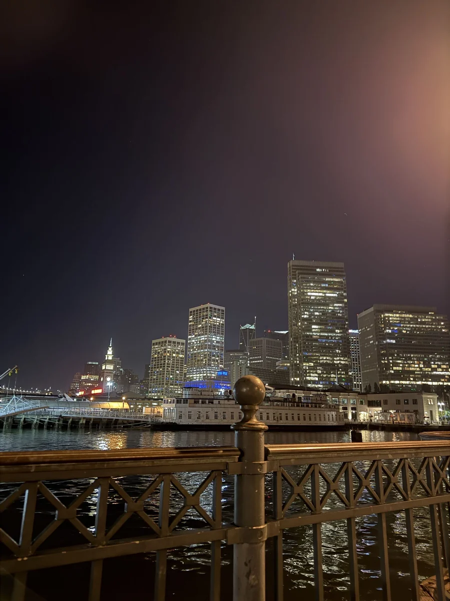 San Francisco skyline lit up at night, seen past an ornate railing at Pier 50
