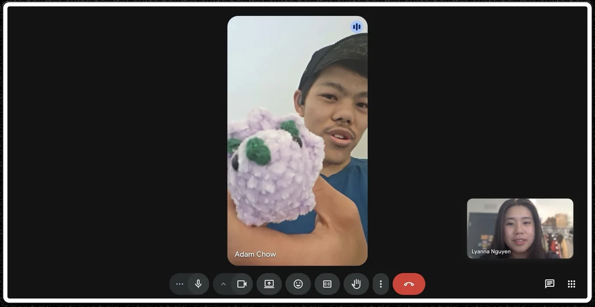 Video call user interview with a Triceratops member holding a purple crochet dinosaur